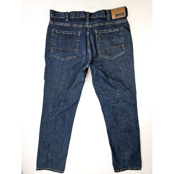 Duluth Trim Fit Size 36X32 Men's Flex Weekender Blue Denim 5 Pocket Logo Jeans - Picture 1 of 11